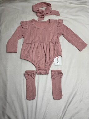 PatPat Dusty Rose Knit Long-Sleeve Baby Bodysuit Set with Headband & Socks